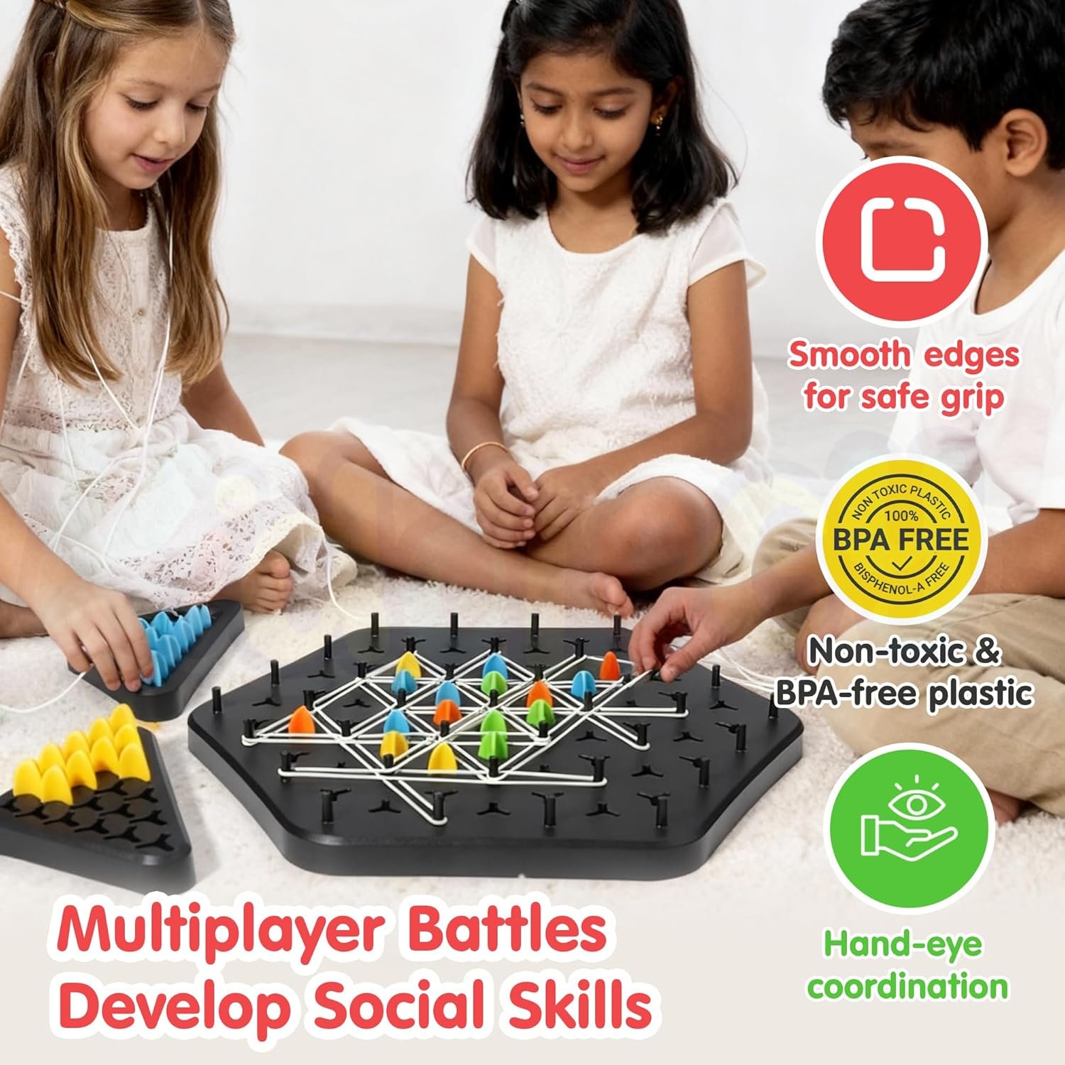 Kidology Chain Triangle Chess Game Triggle Rubber Band Game for Kids & Adults, Fun Family Board Game, Brain Teaser Puzzle, Interactive Chess Set for 2-4 Players, Multicolour - Image 4