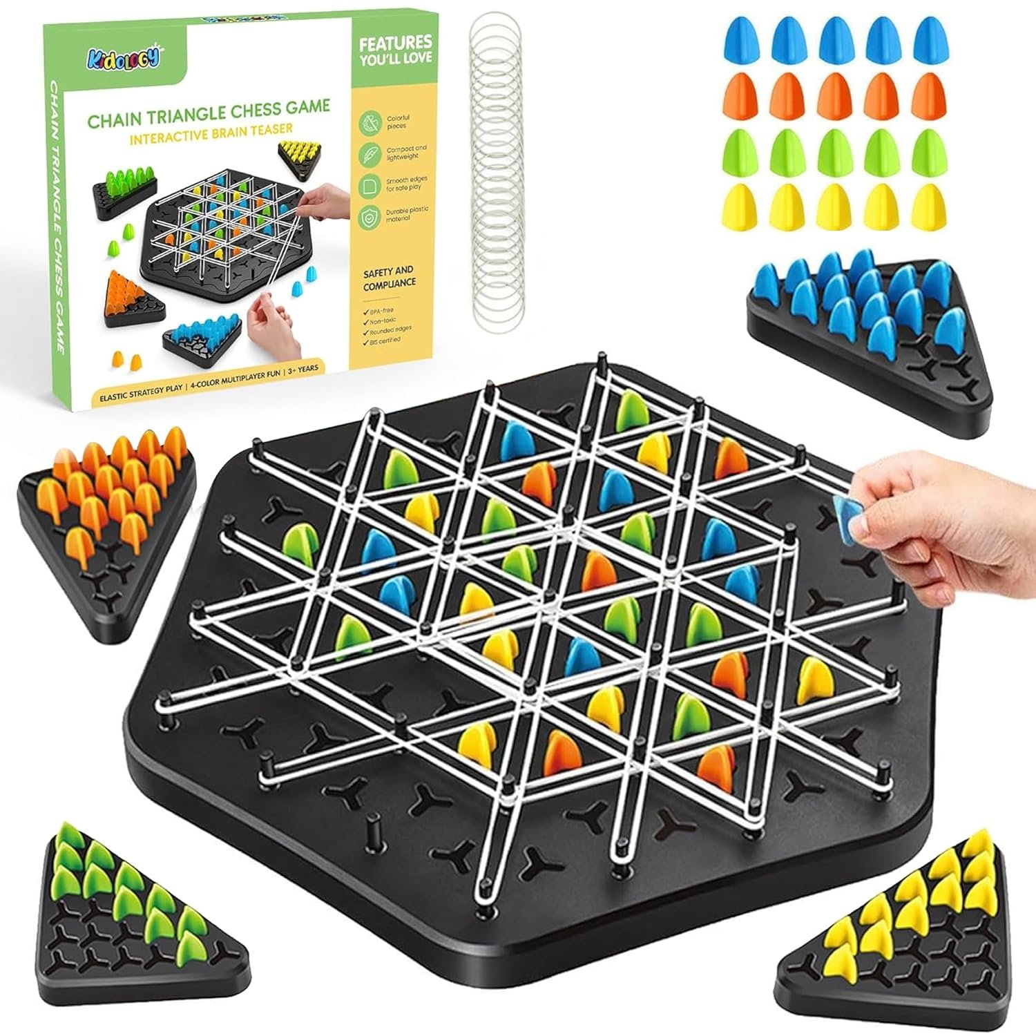 Kidology Chain Triangle Chess Game Triggle Rubber Band Game for Kids & Adults, Fun Family Board Game, Brain Teaser Puzzle, Interactive Chess Set for 2-4 Players, Multicolour