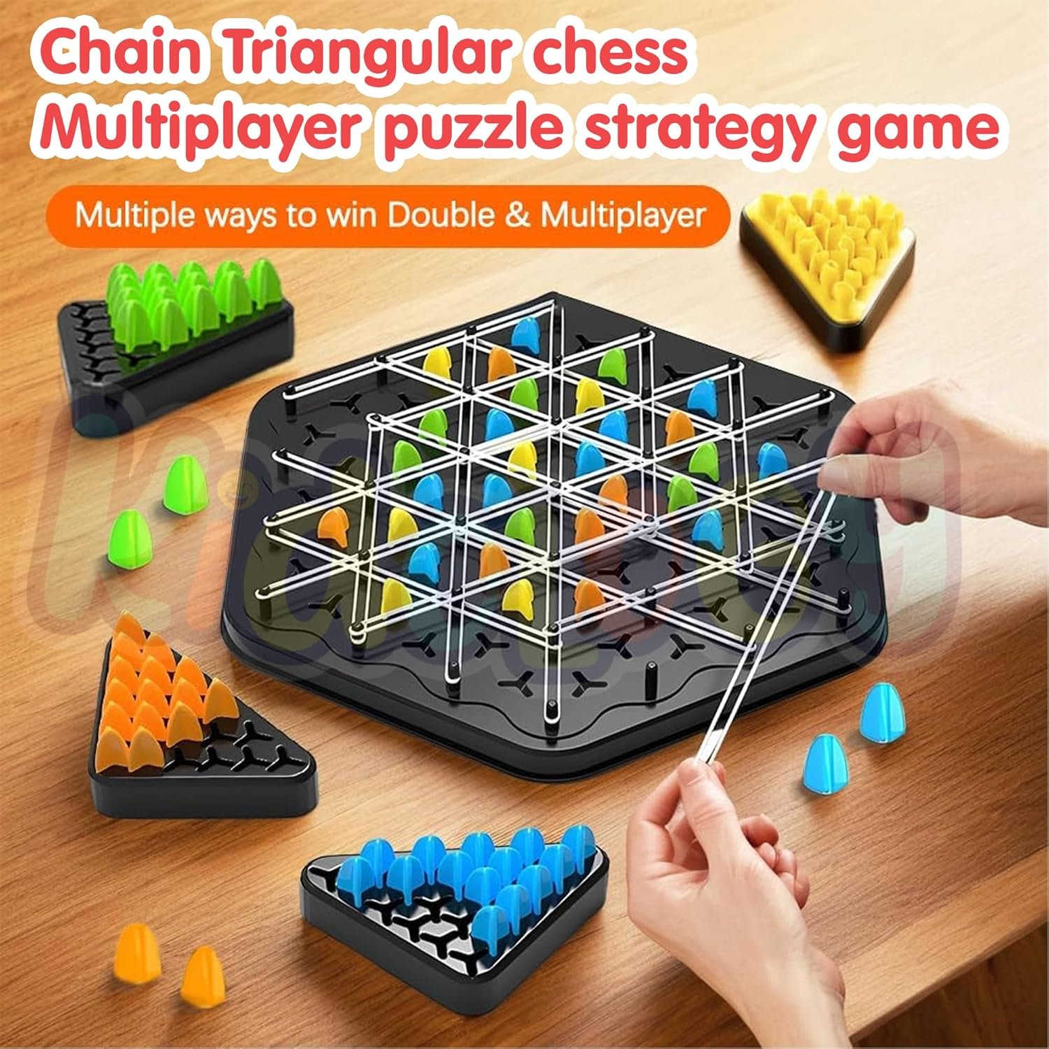 Kidology Chain Triangle Chess Game Triggle Rubber Band Game for Kids & Adults, Fun Family Board Game, Brain Teaser Puzzle, Interactive Chess Set for 2-4 Players, Multicolour - Image 2